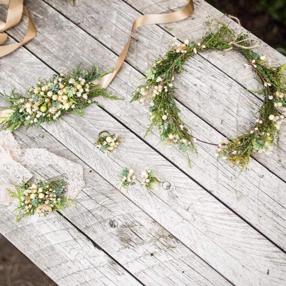 Greenery wedding set Bridal set Floral accessories Bridal accessories Grooms boutonniere Hair crown Floral belt Floral earrings  Ring