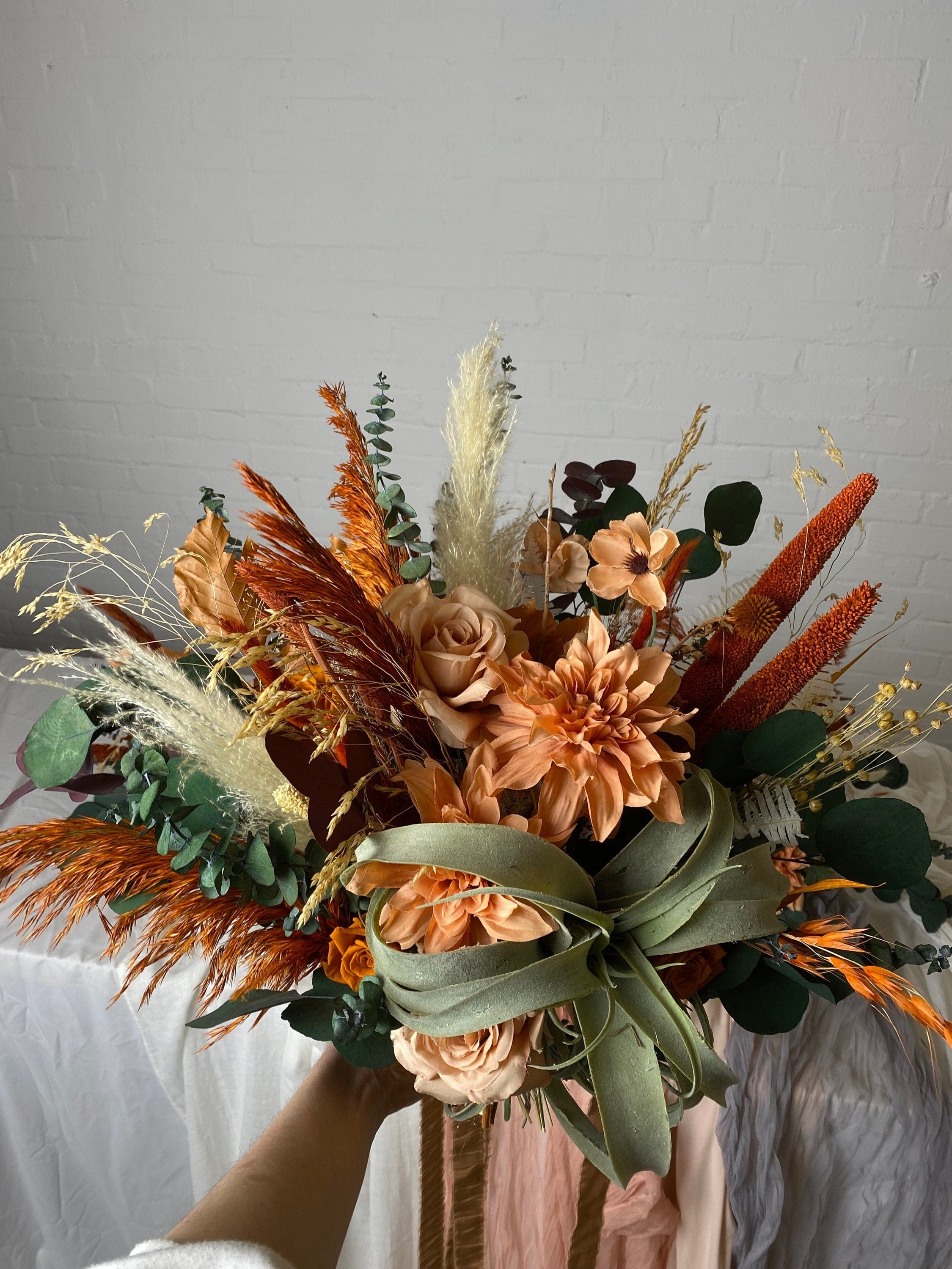 Dried & Artificial Flowers Bridal Bouquet - Burnt Orange & Green No. 3